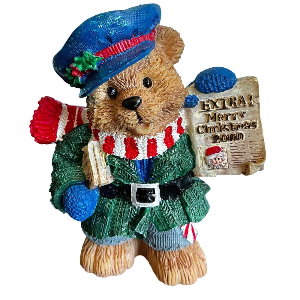 Vintage Christmas Bear Figurine Newspaper Boy Resin Holiday Decoration 2000